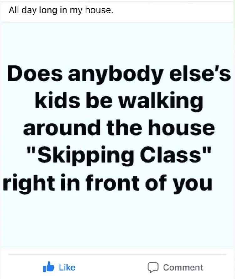 Do anybody's else's kids be walking around the house "skipping class" right in front of you?