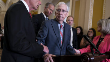 Senate Minority Leader Mitch McConnell froze up during a news conference on Wednesday, requiring colleagues to escort him away from the podium.