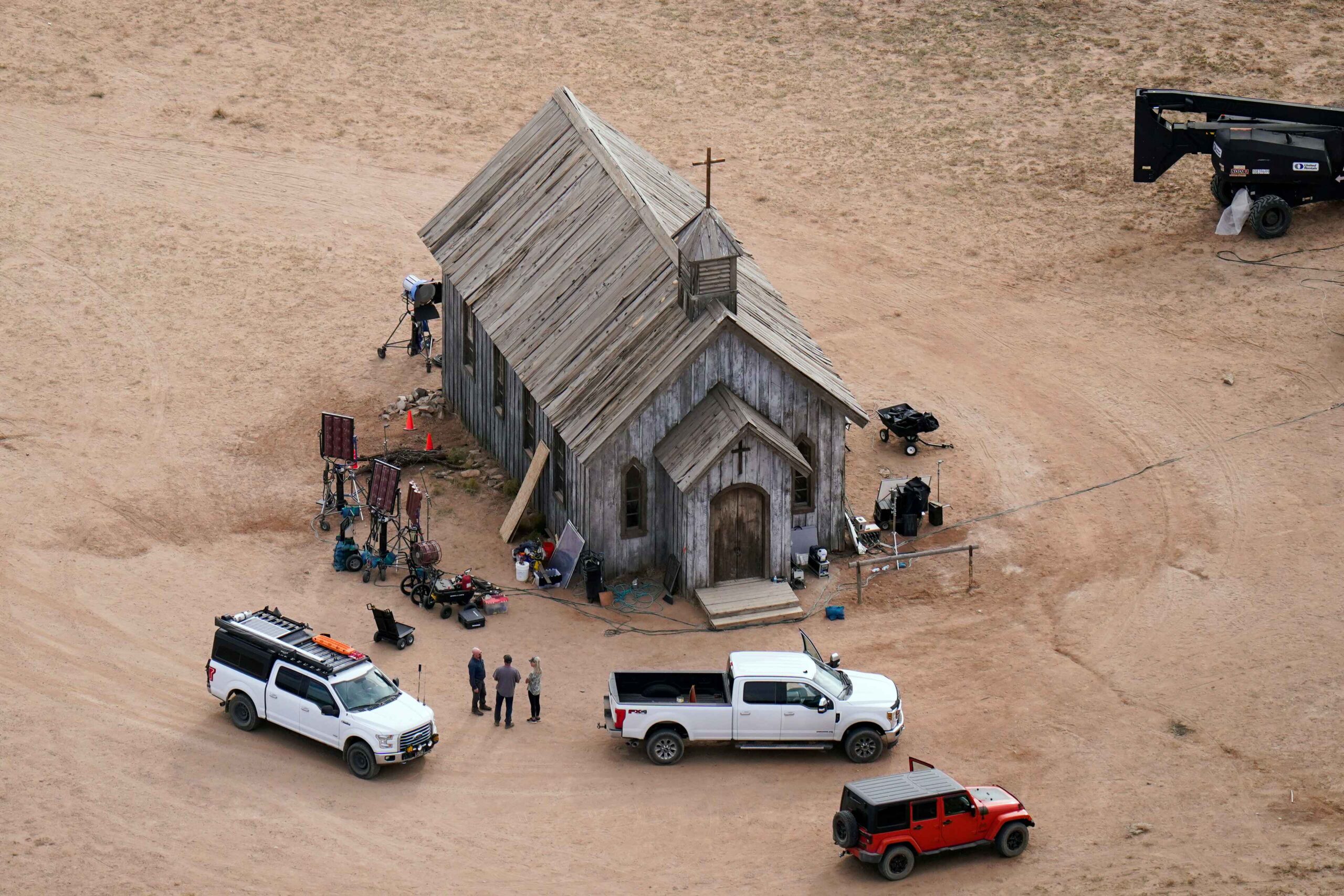 FILE - This aerial photo shows the Bonanza Creek Ranch in Santa Fe, N.M., on Oct. 23, 2021, used for the film "Rust." Prosecutors have received a second expert analysis of the revolver fired in the fatal shooting of a cinematographer by Alec Baldwin on the set of a Western film in New Mexico, as they weigh whether to refile charges against the actor. A new forensics report suggests that actor Alec Baldwin must have pulled the trigger in the fatal shooting on the set of the upcoming movie 'Rust.' (AP Photo/Jae C. Hong, File)