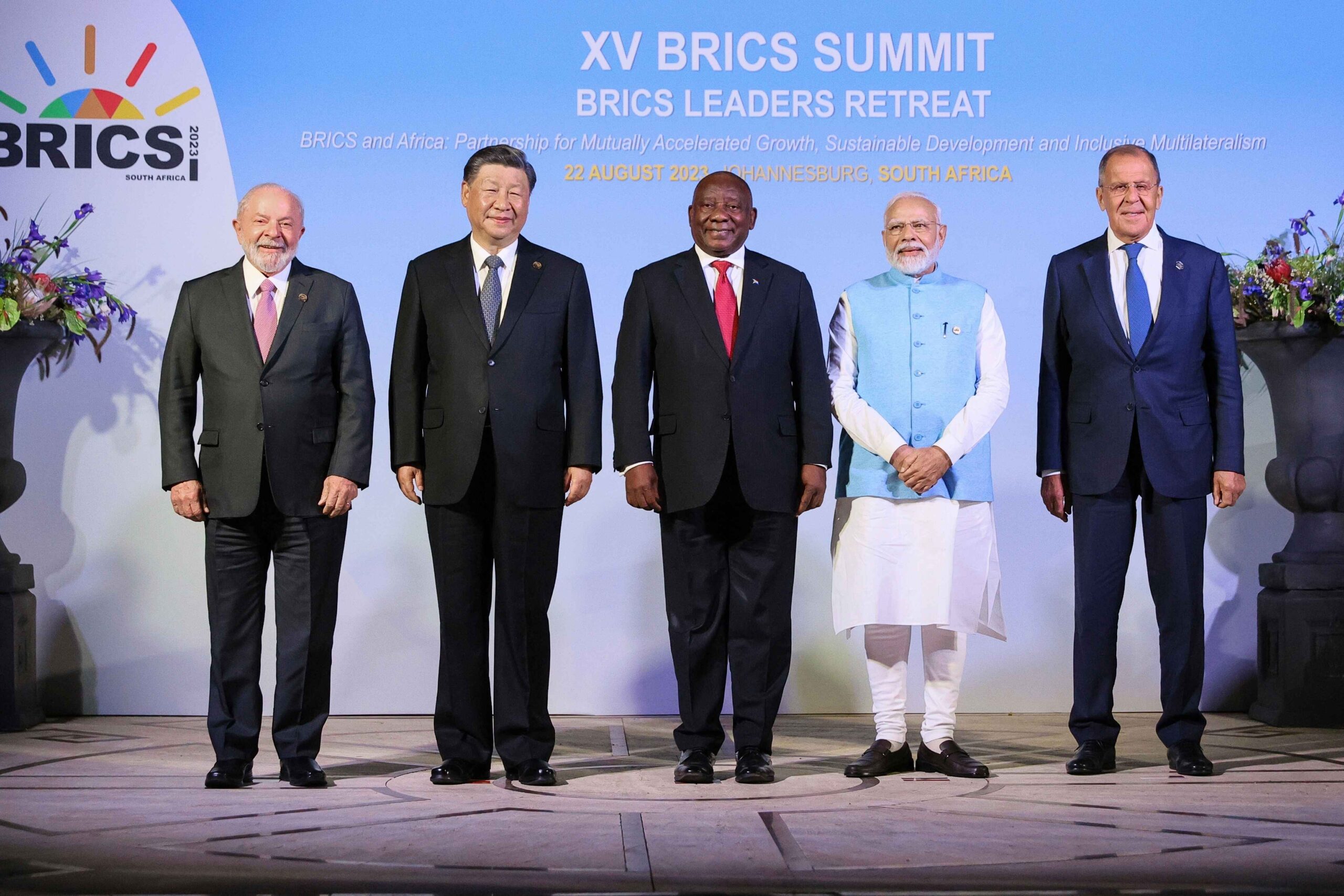The BRICS leaders in 2023, from left to right: Lula da Silva, Xi Jinping, Cyril Ramaphosa, Narendra Modi and Sergey Lavrov (representing Vladimir Putin).