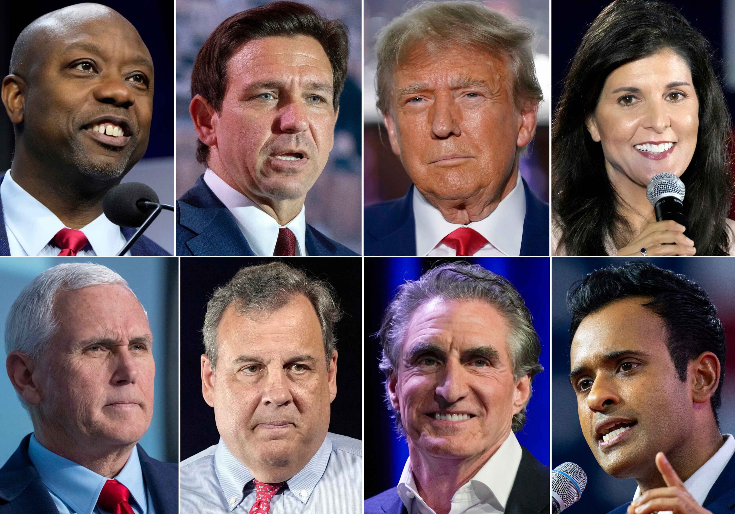 This combination of photos shows Republican presidential candidates, top row from left, Sen. Tim Scott, R-S.C., Florida Gov. Ron DeSantis, former president Donald Trump, and former South Carolina Gov. Nikki Haley, and bottom row from left, former Vice President Mike Pence, former New Jersey Gov. Chris Christie, North Dakota Gov. Doug Burgum and Vivek Ramaswamy. With less than a month to go until the first 2024 Republican presidential debate, eight candidates say they have met the qualifications for a podium slot. But that also means that about half of the broad GOP field is running short on time to make the stage. (AP Photo)