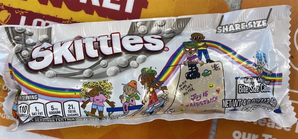 A Skittles Pride design featuring slogans like "Black Trans Lives Matter" and "Joy is Resistance." Angry customers are calling for a Bud Light-style boycott against Skittles after the candy company released a line of Pride-centric packaging.