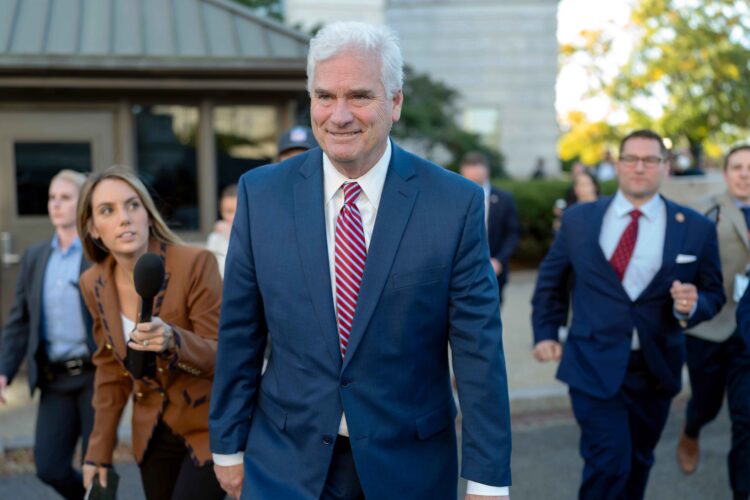 Rep. Tom Emmer dropped out of the running to become Speaker of the House 4 hours after being nominated over Republican holdouts and attacks from Trump. (AP Photo/Jose Luis Magana)