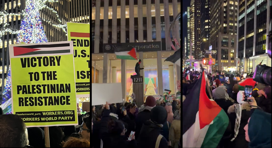 Pro-Palestine activists descended upon Rockefeller Center to protest the famous Christmas tree lighting, swarming the Midtown ice rink chanting.
