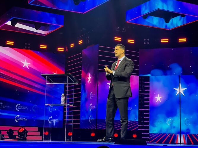 Valuetainment founder and CEO Patrick Bet-David delivered a speech on day one of TurningPoint USA’s 2023 event “AmericaFest."
