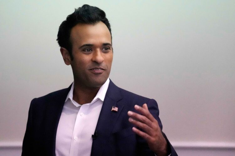 Vivek Ramaswamy will be halting all television advertising in favor of other forms of voter outreach just before the Iowa Caucuses, calling TV ads "idiotic." (AP Photo/Charles Krupa)