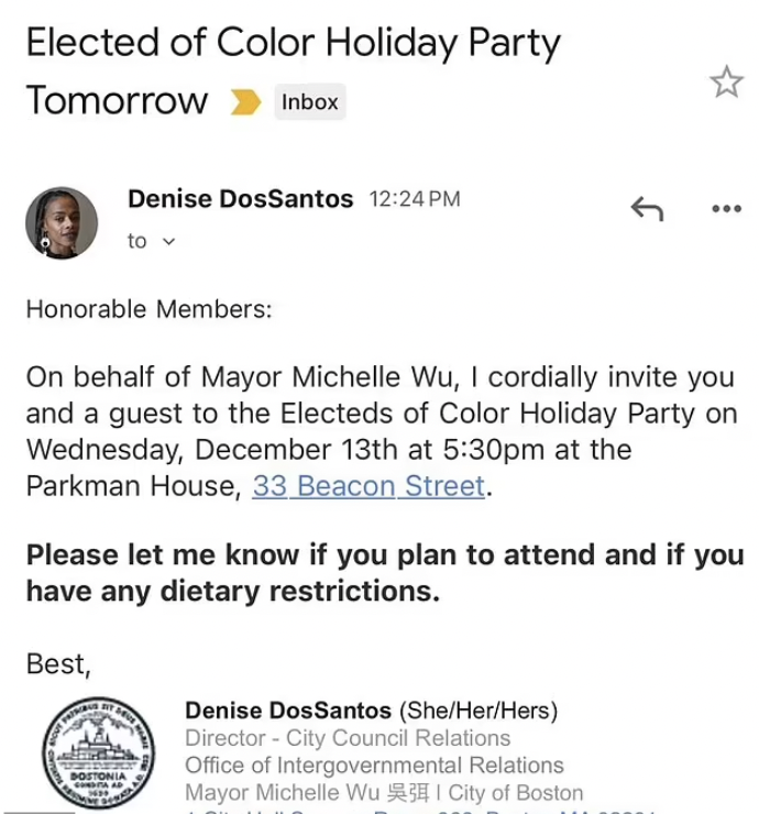 Boston Mayor Michelle Wu planned an exclusive party for non-white members of the city council, but an aide accidentally emailed the invitation to everyone.