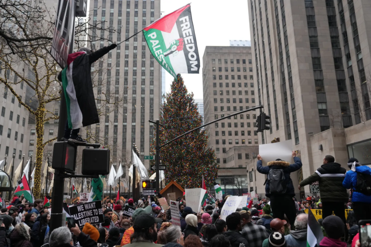 A pro-Palestine mob in New York City declared that “Christmas is canceled” in protest of the Israel-Hamas war, leading to vandalism and multiple arrests. (James Keivom)