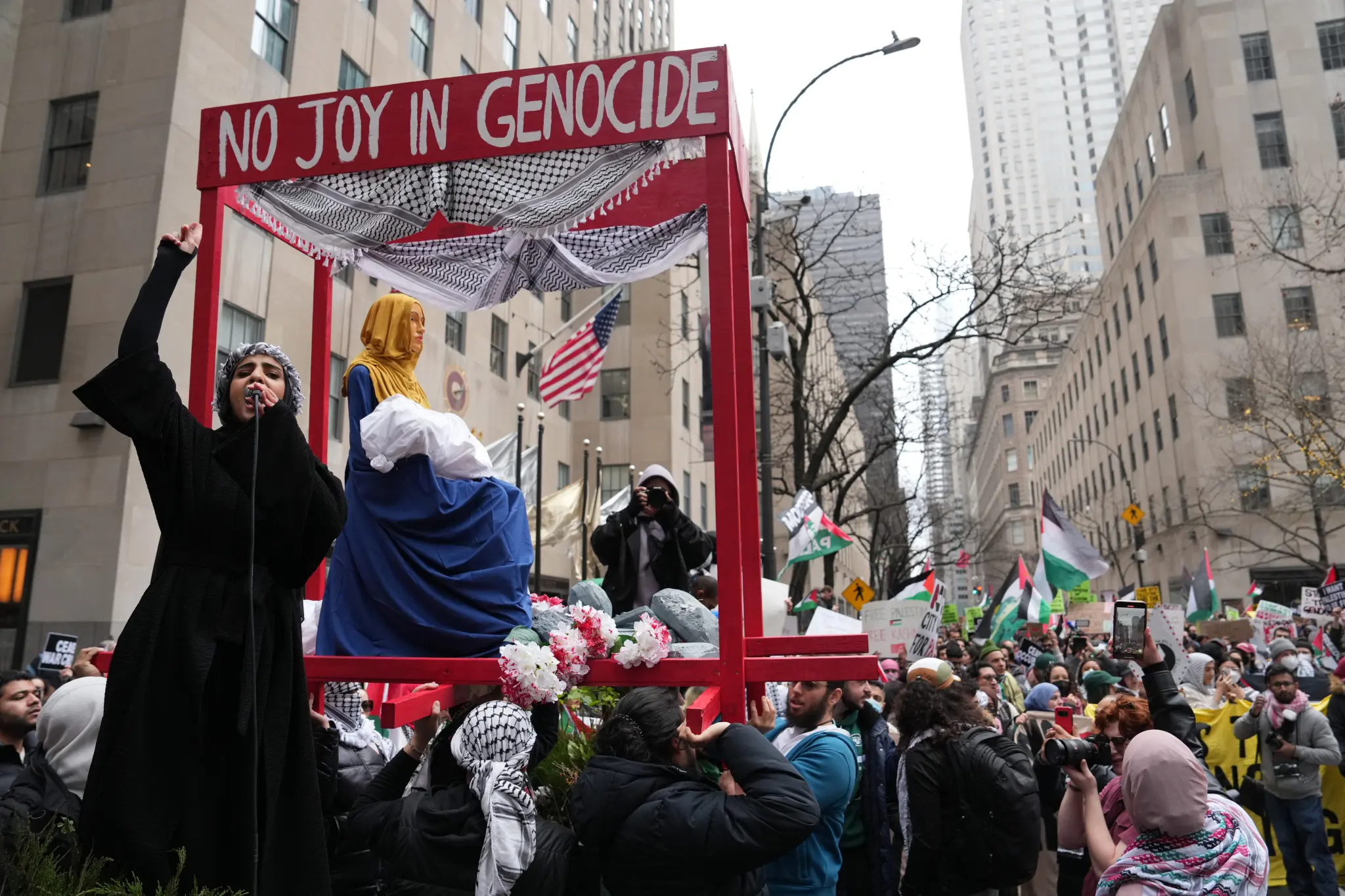 A pro-Palestine mob in New York City declared that “Christmas is canceled” in protest of the Israel-Hamas war, leading to vandalism and multiple arrests.