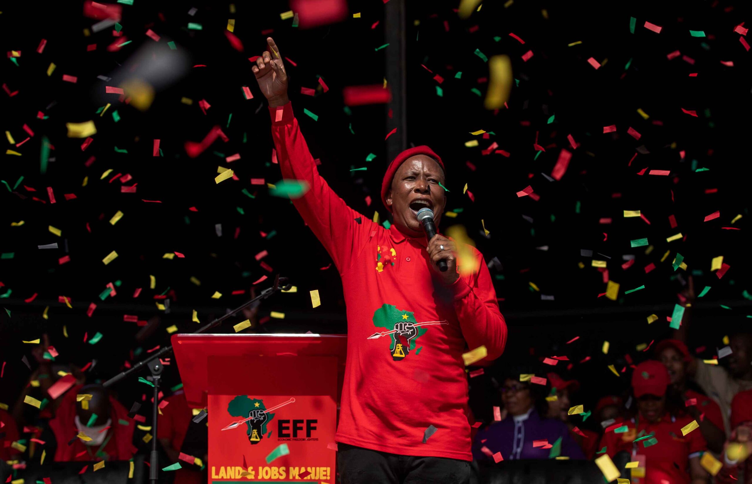 Black nationalist Julius Malema, founder of the Economic Freedom Fighters (EFF) in South Africa, will fully support Hamas if his party wins the next election. (AP Photo/Themba Hadebe)