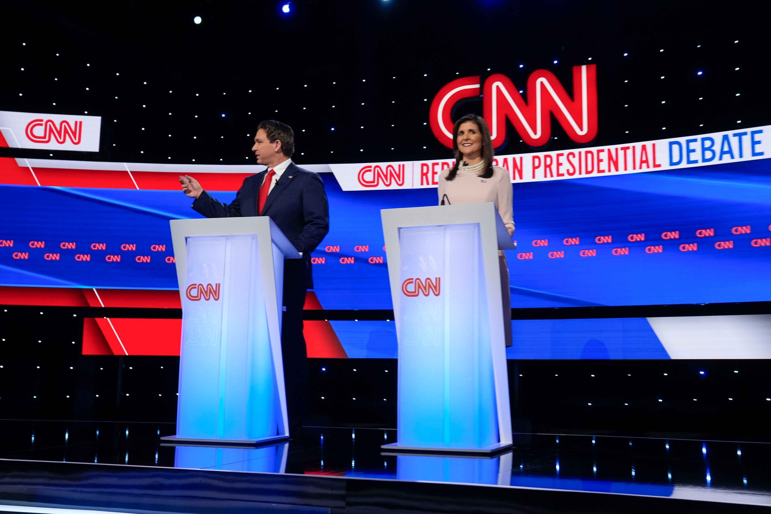 The CNN and ABC News primary debates in New Hampshire were canceled after Nikki Haley declined a rematch with Ron DeSantis unless Donald Trump attended too. (AP Photo/Charlie Neibergall)