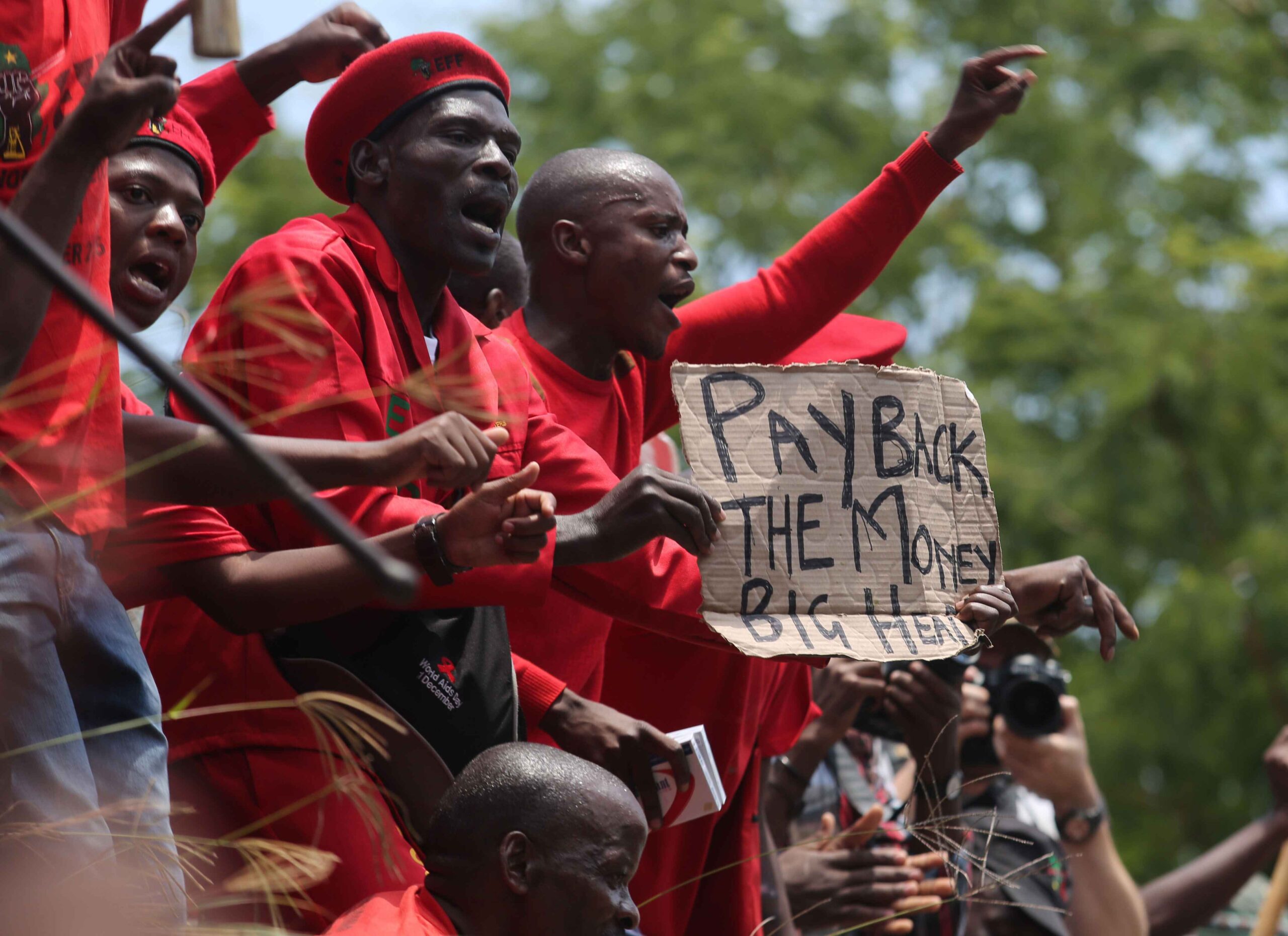 Black nationalist Julius Malema, founder of the Economic Freedom Fighters (EFF) in South Africa, will fully support Hamas if his party wins the next election. (AP Photo/Denis Farrell)