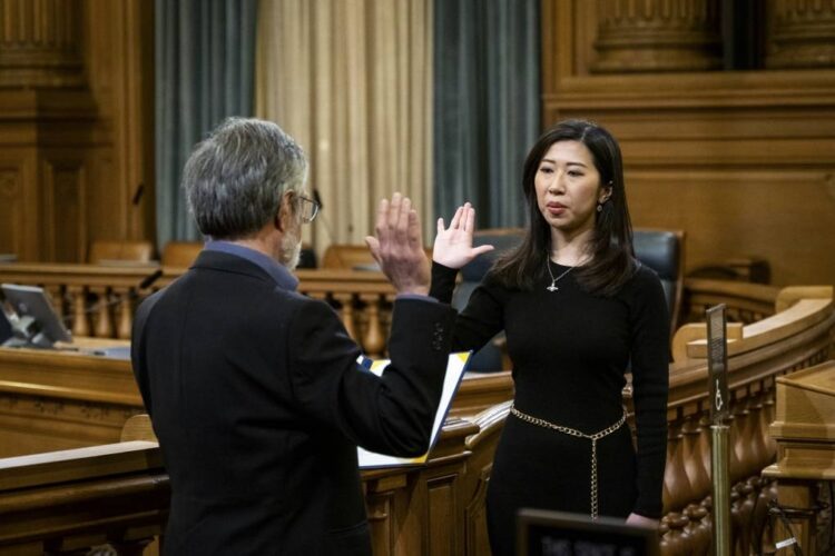 San Francisco swore in Hong Kong immigrant Kelly Wong as the first noncitizen Elections Commissioner despite her lacking the ability to legally vote. (Beth LaBerge/KQED)