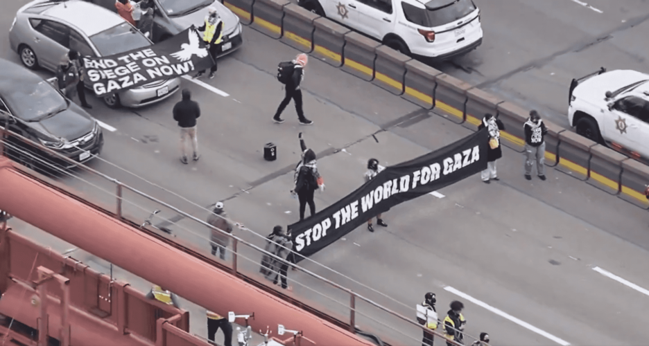 A group of pro-Palestine protestors have shut down both lanes of the Golden Gate Bridge in San Francisco, as seen in footage that emerged Monday around noon