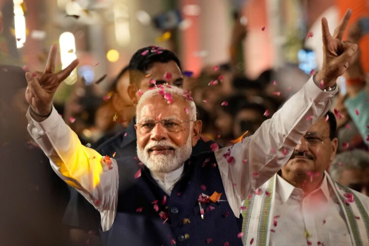 Prime Minister Narendra Modi declared victory for his party in India ’s general election, securing a third term in office by a narrower-than-expected margin.(AP Photo/Manish Swarup)
