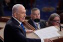 Israeli Prime Minister Benjamin Netanyahu spoke before Congress , defending Israel 's war in Gaza and condemning American protesters calling for a ceasefire.