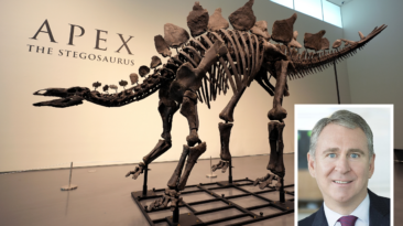 Billionaire hedge fund CEO Ken Griffin paid $44.6 million for a Stegosaurus skeleton in a Sotheby’s auction, marking the largest-ever dinosaur fossil purchase.