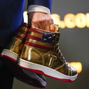 Former President Donald Trump has released a line of sneakers, with the signature one among them—the “Never Surrender High-Top Sneaker”—selling out within hours of release.